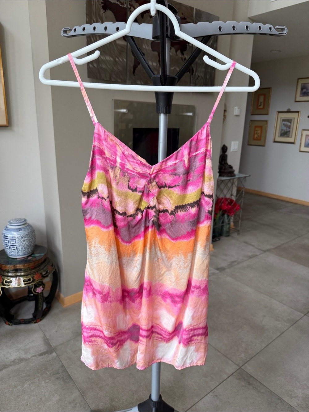 100% Silk Vibrant Pink Orange Peach Wavy Striped Cami Top size S